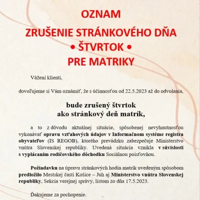 Zrušenie stránkového dňa pre matriky ŠTVRTOK