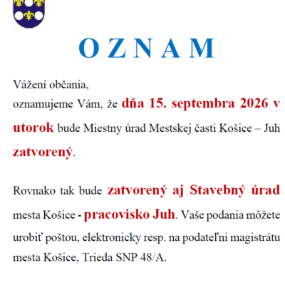 Oznam o zatvorení úradu dňa15.9.2026